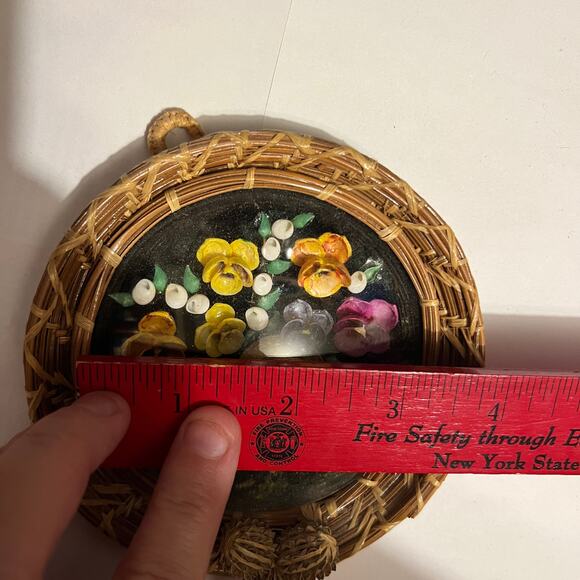 Capiz Shell Wall Decor Round Dome Glass Wicker Rattan 4.5" Boho Coastal Art - Picture 3 of 13